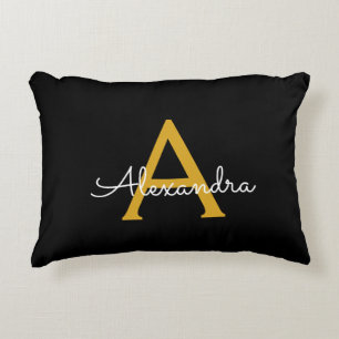 Zwart Gold Modern Script Girly Monogram Naam Accent Kussen