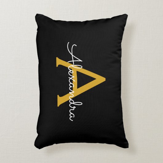 Zwart Gold Modern Script Girly Monogram Naam Accent Kussen (Voorkant(Verticaal))