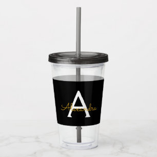 Zwart Gold Modern Script Girly Monogram Naam Acryl Drinkbeker