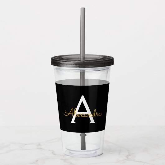 Zwart Gold Modern Script Girly Monogram Naam Acryl Drinkbeker (Voorkant)