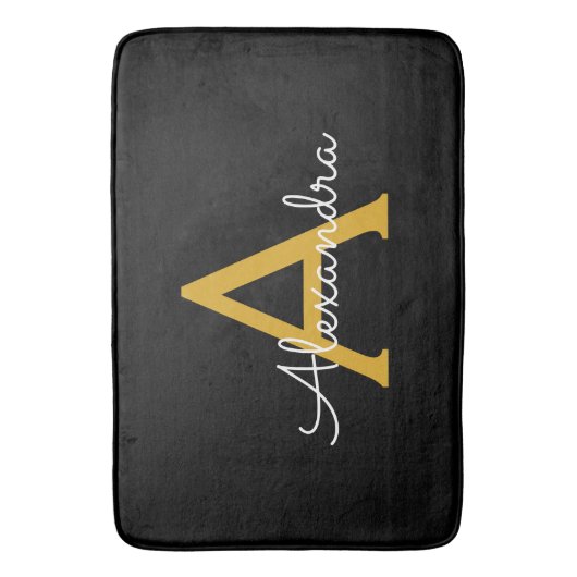 Zwart Gold Modern Script Girly Monogram Naam Badmat (Voorkant Verticaal)
