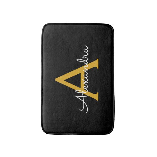 Zwart Gold Modern Script Girly Monogram Naam Badmat (Voorkant Verticaal)