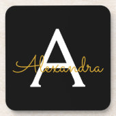 Zwart Gold Modern Script Girly Monogram Naam Bier Onderzetter (Voorkant)