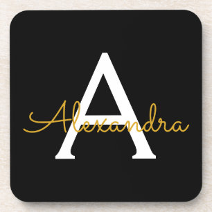 Zwart Gold Modern Script Girly Monogram Naam Bier Onderzetter