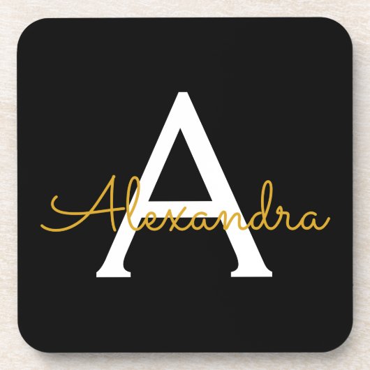 Zwart Gold Modern Script Girly Monogram Naam Bier Onderzetter (Voorkant)