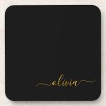 Zwart Gold Modern Script Girly Monogram Naam Bier Onderzetter<br><div class="desc">Zwart en goudvormig zwart-witmonogram met naam papieren Onderzetters. Dit maakt het perfecte afstuderen,  de verjaardag,  de bruiloft,  het vrijgezellenfeest,  de verjaardag,  het baby shower of het bachelorette feest cadeau voor iemand die van glam luxe en chic stijlen houdt.</div>