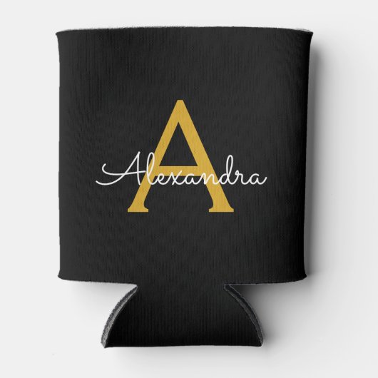 Zwart Gold Modern Script Girly Monogram Naam Blikjeskoeler (Voorkant)