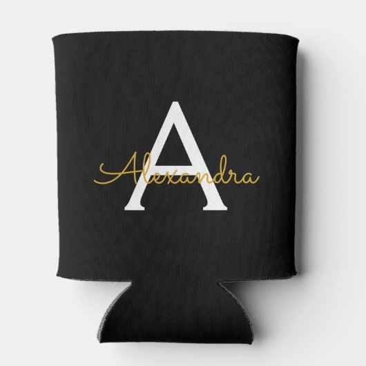 Zwart Gold Modern Script Girly Monogram Naam Blikjeskoeler (Achterkant)