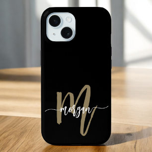 Zwart Gold Modern Script Girly Monogram Naam iPhone 15 Case