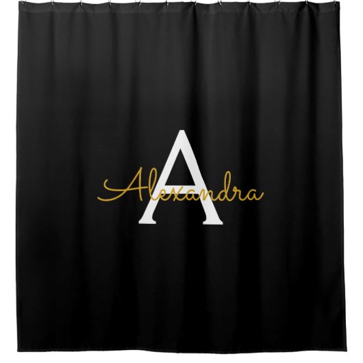 Zwart Gold Modern Script Girly Monogram Naam Douchegordijn (Voorkant)