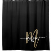 Zwart Gold Modern Script Girly Monogram Naam Douchegordijn (Voorkant)