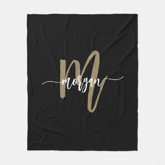 Zwart Gold Modern Script Girly Monogram Naam Fleece Deken (Voorkant)