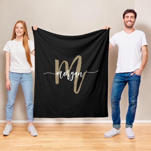 Zwart Gold Modern Script Girly Monogram Naam Fleece Deken