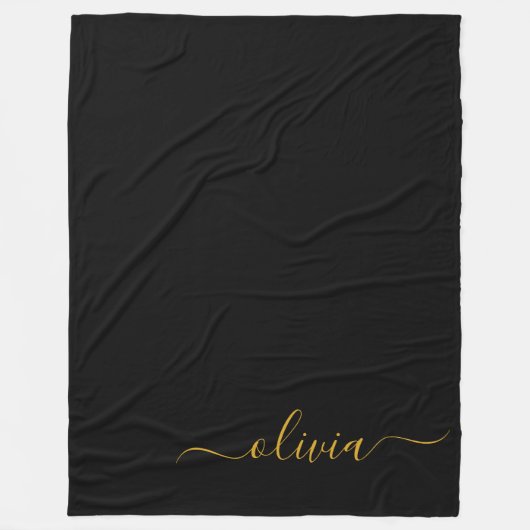 Zwart Gold Modern Script Girly Monogram Naam Fleece Deken (Voorkant)