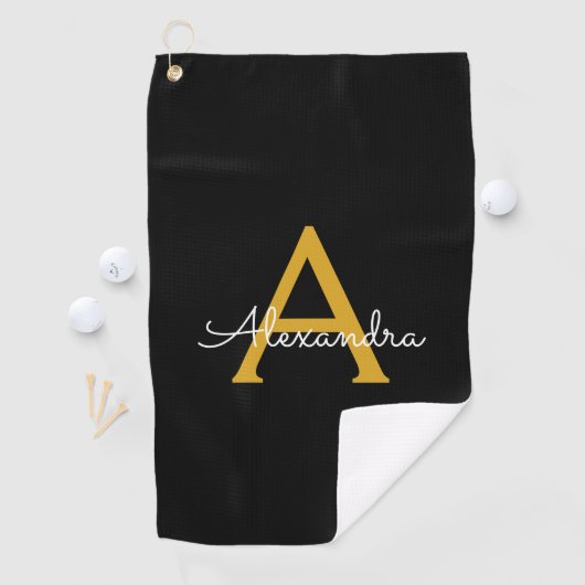Zwart Gold Modern Script Girly Monogram Naam Golfhanddoek (Insitu)