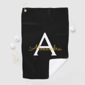 Zwart Gold Modern Script Girly Monogram Naam Golfhanddoek (Insitu)