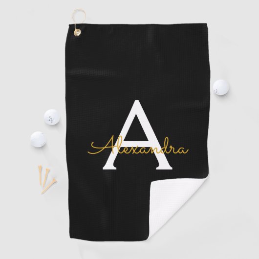 Zwart Gold Modern Script Girly Monogram Naam Golfhanddoek (Insitu)