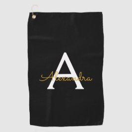 Zwart Gold Modern Script Girly Monogram Naam Golfhanddoek