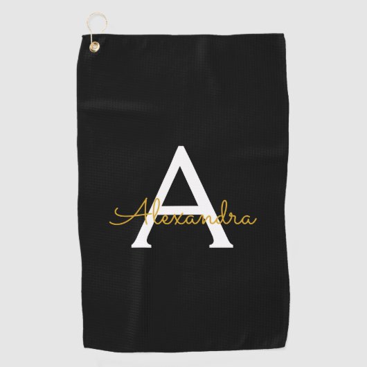 Zwart Gold Modern Script Girly Monogram Naam Golfhanddoek (Voorkant)