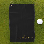 Zwart Gold Modern Script Girly Monogram Naam Golfhanddoek<br><div class="desc">Rug en gouden monogram naam Golfhanddoek. Dit maakt de perfecte liefhebbende 16 verjaardag,  bruiloft,  vrijgezellenfeest,  verjaardagsdag,  baby shower of vrijgezellenfeest voor iemand die van luxe glam en stijl houdt.</div>