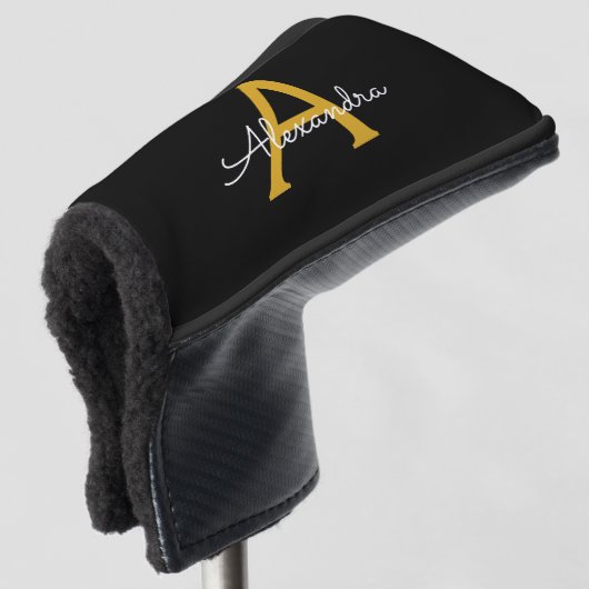 Zwart Gold Modern Script Girly Monogram Naam Golfheadcover (3/4 voorkant)