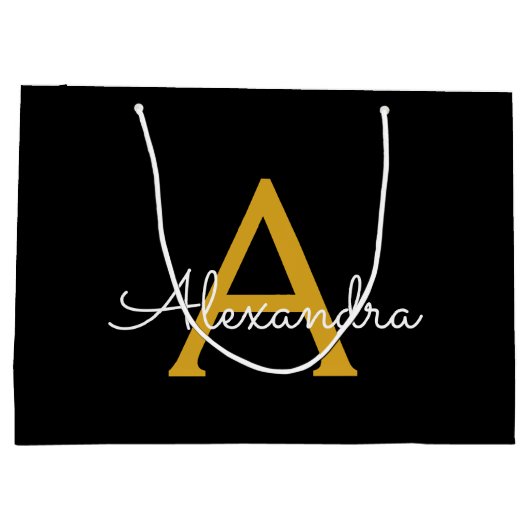 Zwart Gold Modern Script Girly Monogram Naam Groot Cadeauzakje (Achterkant)