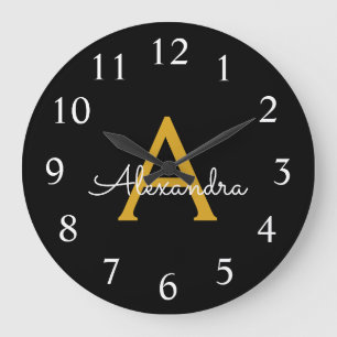 Zwart Gold Modern Script Girly Monogram Naam Grote Klok