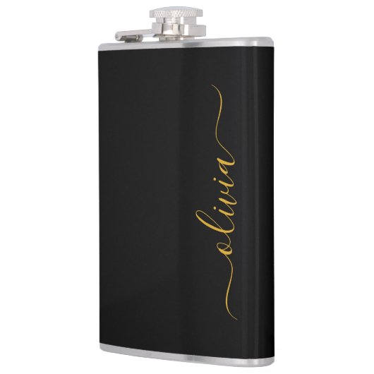 Zwart Gold Modern Script Girly Monogram Naam Heupfles (Links)