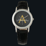Zwart Gold Modern Script Girly Monogram Naam Horloge<br><div class="desc">Zwart en Goud Eenvoudig Script Monogram Naam Horloge. Dit maakt het perfecte afstuderen,  verjaardagsfeest,  bruiloft,  vrijgezellenfeest,  jubileum,  baby shower of vrijgezellenfeest cadeau voor iemand die houdt van glam luxe en chique stijlen.</div>