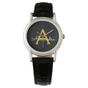 Zwart Gold Modern Script Girly Monogram Naam Horloge
