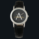 Zwart Gold Modern Script Girly Monogram Naam Horloge<br><div class="desc">Zwart en Goud Eenvoudig Script Monogram Naam Horloge. Dit maakt het perfecte afstuderen,  verjaardagsfeest,  bruiloft,  vrijgezellenfeest,  jubileum,  baby shower of vrijgezellenfeest cadeau voor iemand die houdt van glam luxe en chique stijlen.</div>