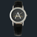 Zwart Gold Modern Script Girly Monogram Naam Horloge<br><div class="desc">Zwart en Goud Eenvoudig Script Monogram Naam Horloge. Dit maakt het perfecte afstuderen,  verjaardagsfeest,  bruiloft,  vrijgezellenfeest,  jubileum,  baby shower of vrijgezellenfeest cadeau voor iemand die houdt van glam luxe en chique stijlen.</div>