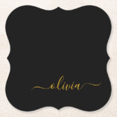 Zwart Gold Modern Script Girly Monogram Naam Kartonnen Onderzetters (Voorkant)