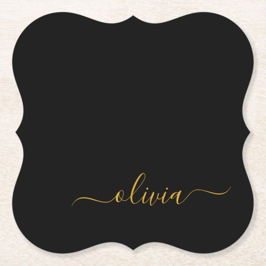 Zwart Gold Modern Script Girly Monogram Naam Kartonnen Onderzetters (Voorkant)
