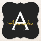Zwart Gold Modern Script Girly Monogram Naam Kartonnen Onderzetters (Voorkant)
