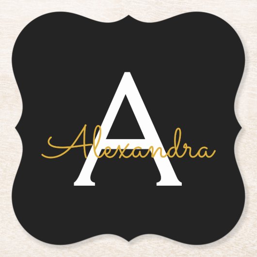 Zwart Gold Modern Script Girly Monogram Naam Kartonnen Onderzetters (Voorkant)