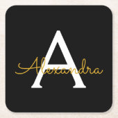 Zwart Gold Modern Script Girly Monogram Naam Kartonnen Onderzetters (Voorkant)