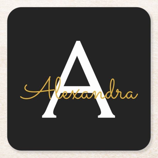 Zwart Gold Modern Script Girly Monogram Naam Kartonnen Onderzetters (Voorkant)