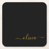 Zwart Gold Modern Script Girly Monogram Naam Kartonnen Onderzetters (Voorkant)