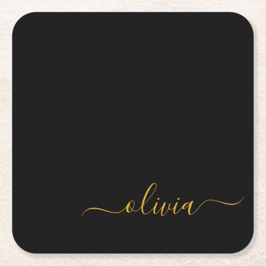 Zwart Gold Modern Script Girly Monogram Naam Kartonnen Onderzetters (Voorkant)