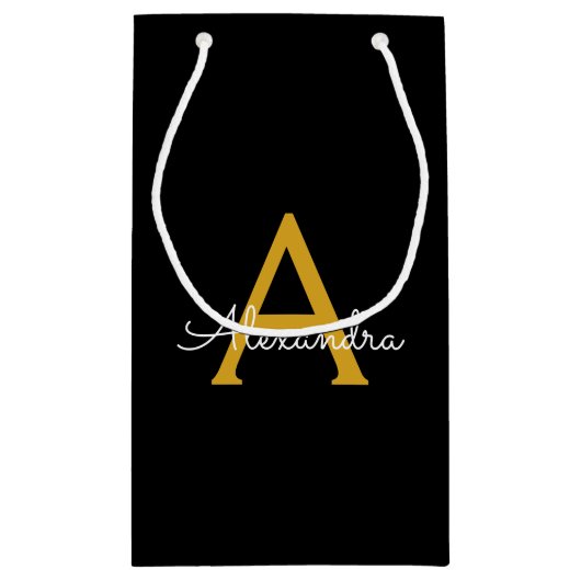 Zwart Gold Modern Script Girly Monogram Naam Klein Cadeauzakje (Achterkant)