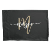 Zwart Gold Modern Script Girly Monogram Naam Kussensloop (Voorkant)