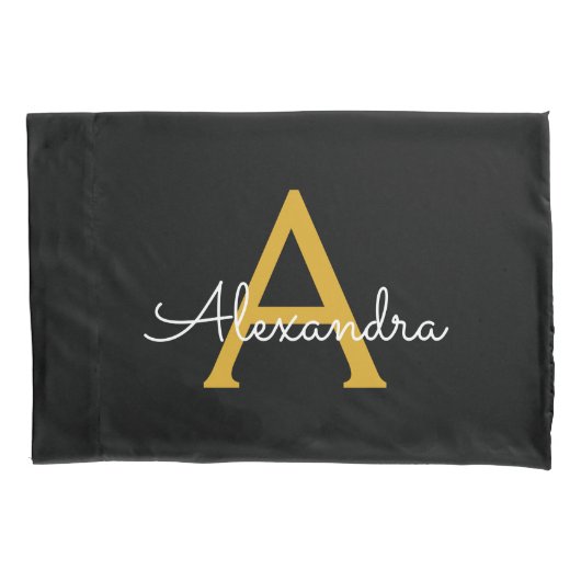Zwart Gold Modern Script Girly Monogram Naam Kussensloop (Voorkant)