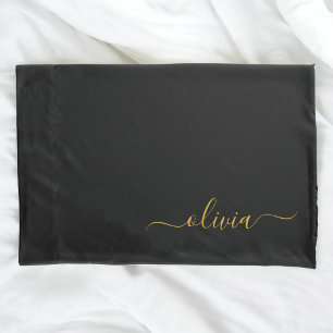 Zwart Gold Modern Script Girly Monogram Naam Kussensloop