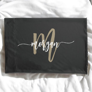 Zwart Gold Modern Script Girly Monogram Naam Kussensloop