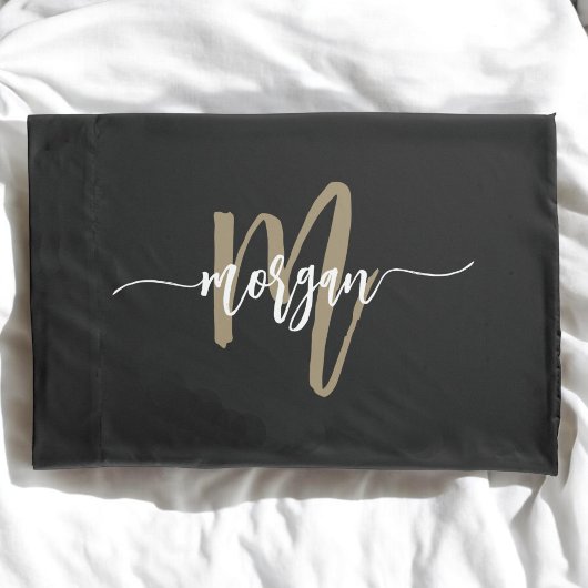 Zwart Gold Modern Script Girly Monogram Naam Kussensloop