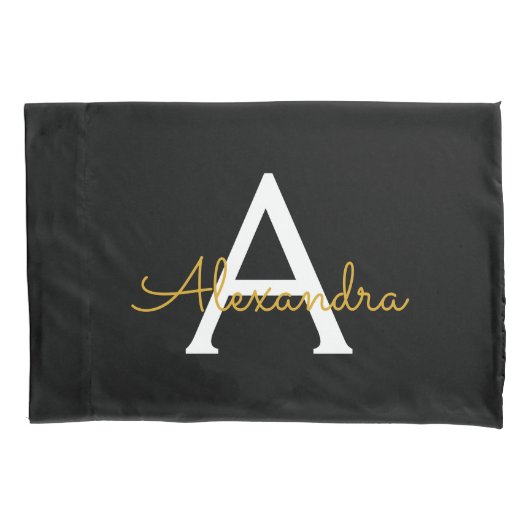 Zwart Gold Modern Script Girly Monogram Naam Kussensloop (Voorkant)