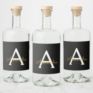 Zwart Gold Modern Script Girly Monogram Naam Likeurfles Etiket