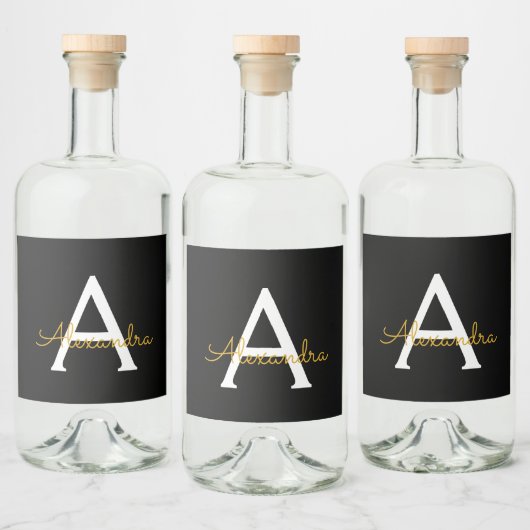 Zwart Gold Modern Script Girly Monogram Naam Likeurfles Etiket (Flessen)