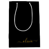 Zwart Gold Modern Script Girly Monogram Naam Medium Cadeauzakje (Voorkant)